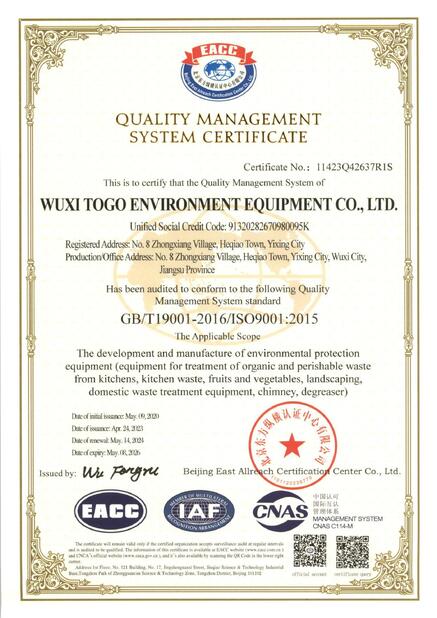 CHINA WuXi TOGO Environment Equipment Co., Ltd. certificaten