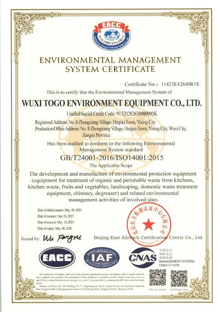 CHINA WuXi TOGO Environment Equipment Co., Ltd. certificaten