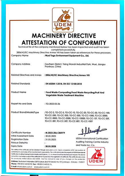 CHINA WuXi TOGO Environment Equipment Co., Ltd. certificaten